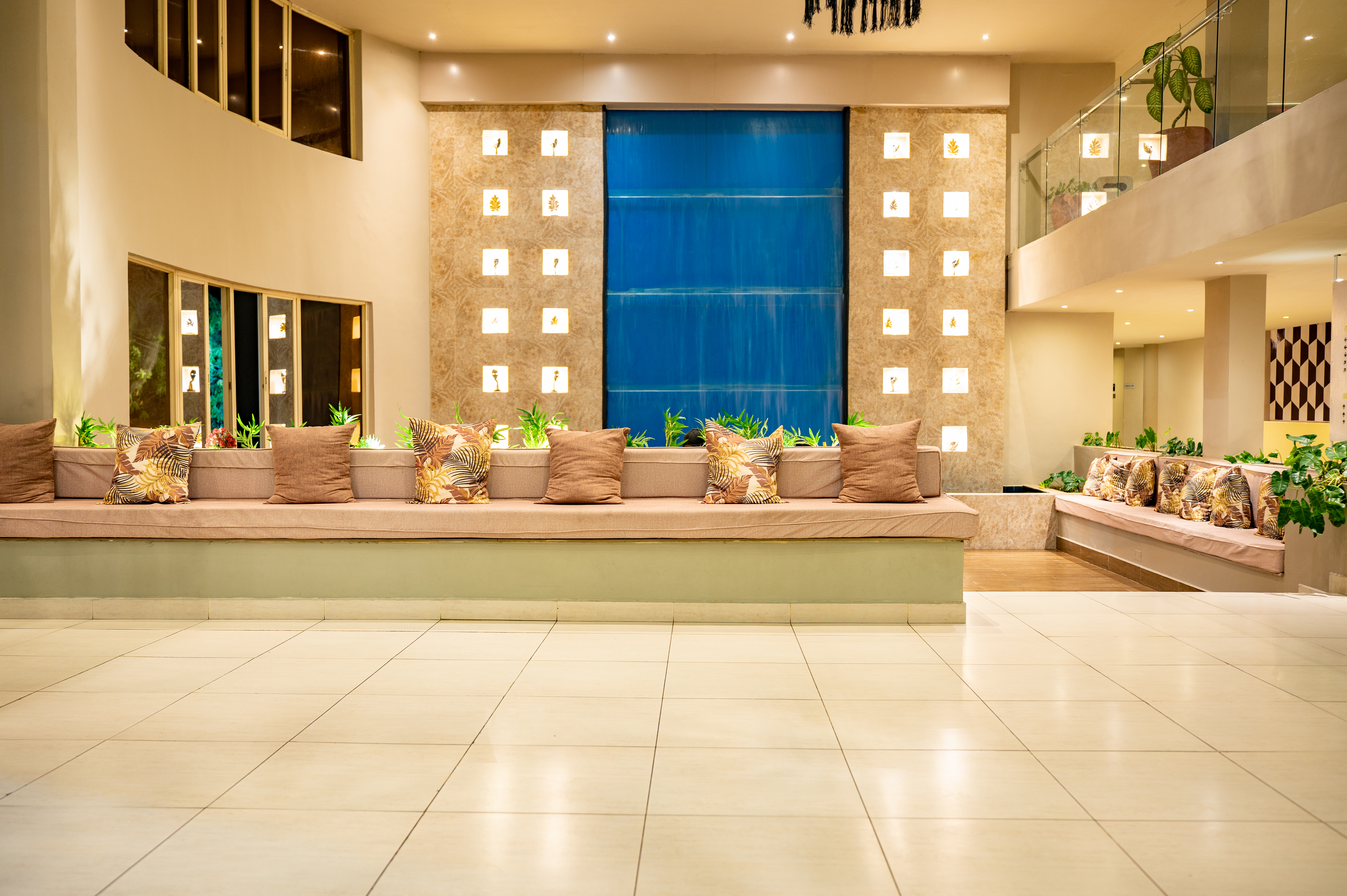 Hotel lobby with a waterfall feature wall
